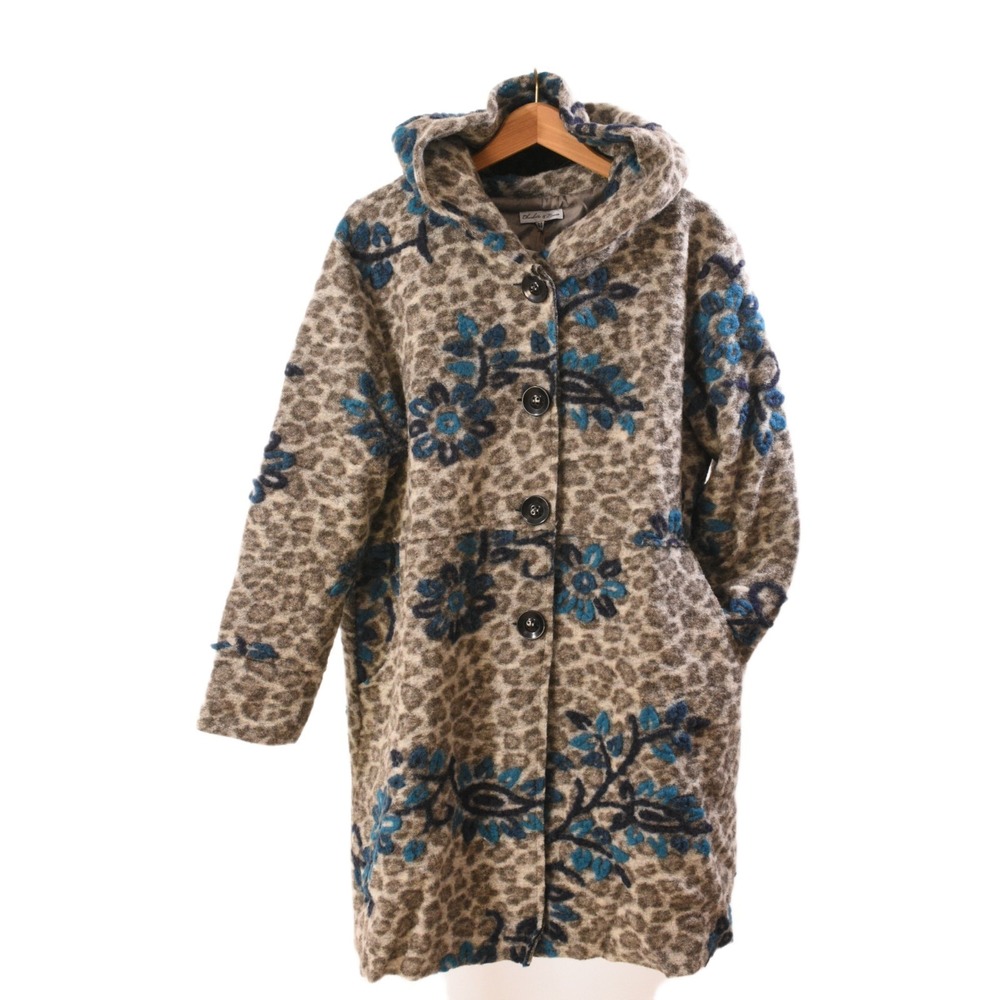 Charlotte & Louis Wool Blend Sweater Coat Women XL Gray Blue Animal Print Floral - Picture 2 of 10